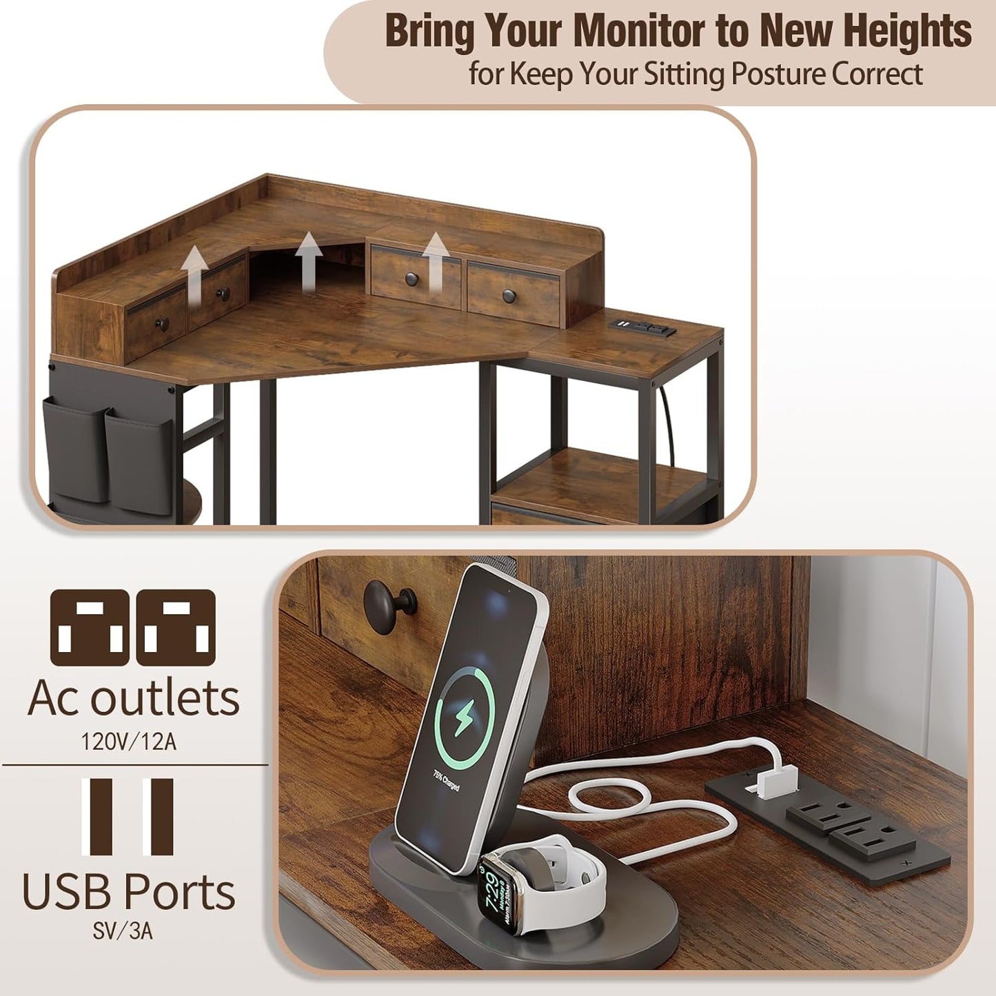 VENNQD Corner Desk with 6 Fabric Drawers Shelves for Small Space Computer Desk with Power Outlets,Gaming Desk with Printer Monitor Stand Storage for Home Office Workstation Writing Table Brown
