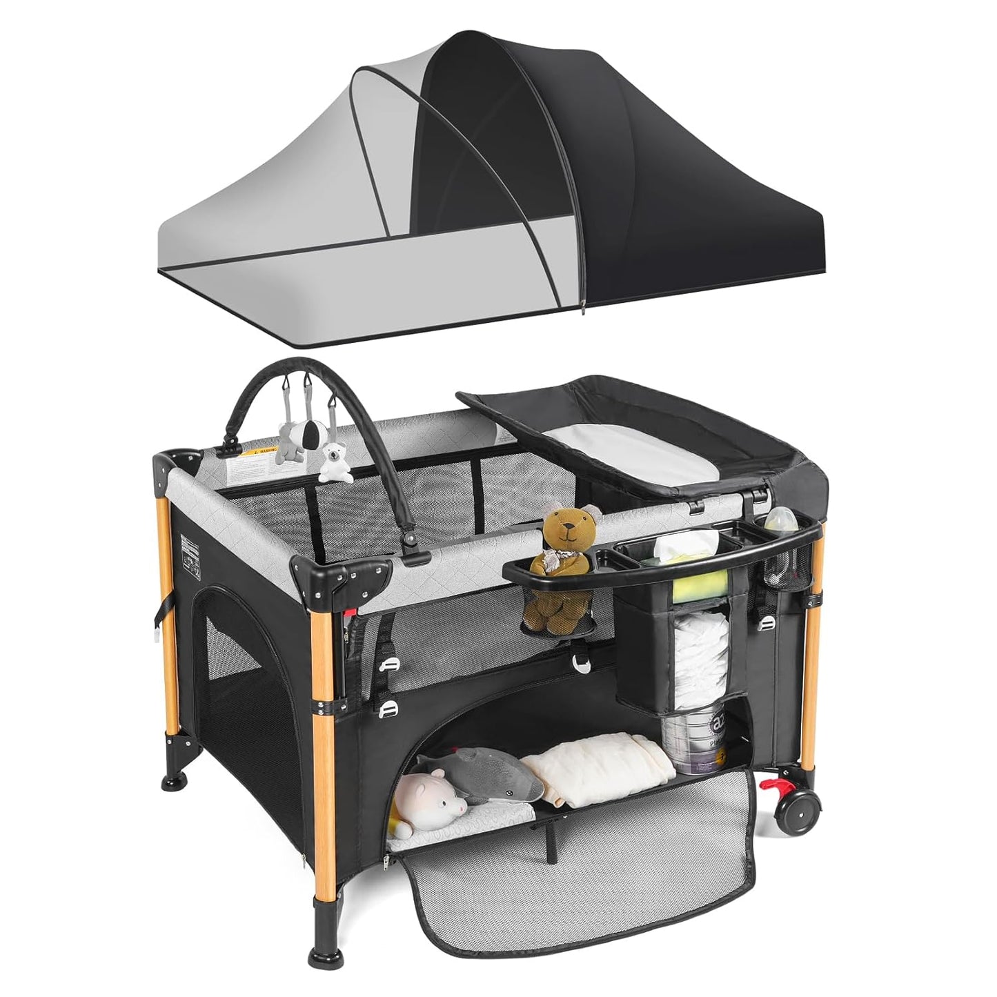 Baby Bassinet 5 in 1 Pack and Play,Baby Crib Adjustable Beside Sleeper One-Second &One-Hand Setup,Portable Playard Foldable Playpen for Newborn,Babies and Toddlers with Changing Table,Mattress (Black)