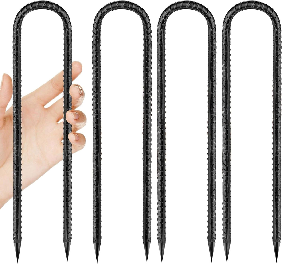 Rebar-Stakes-12-Inch, Ground Stakes Heavy Duty J-Hook Black Coated Anti-Rust Heavy Duty Ground Anchors for Garden Dog Fence Chicken Coop Christmas Decorations Deer Fence 8pcs