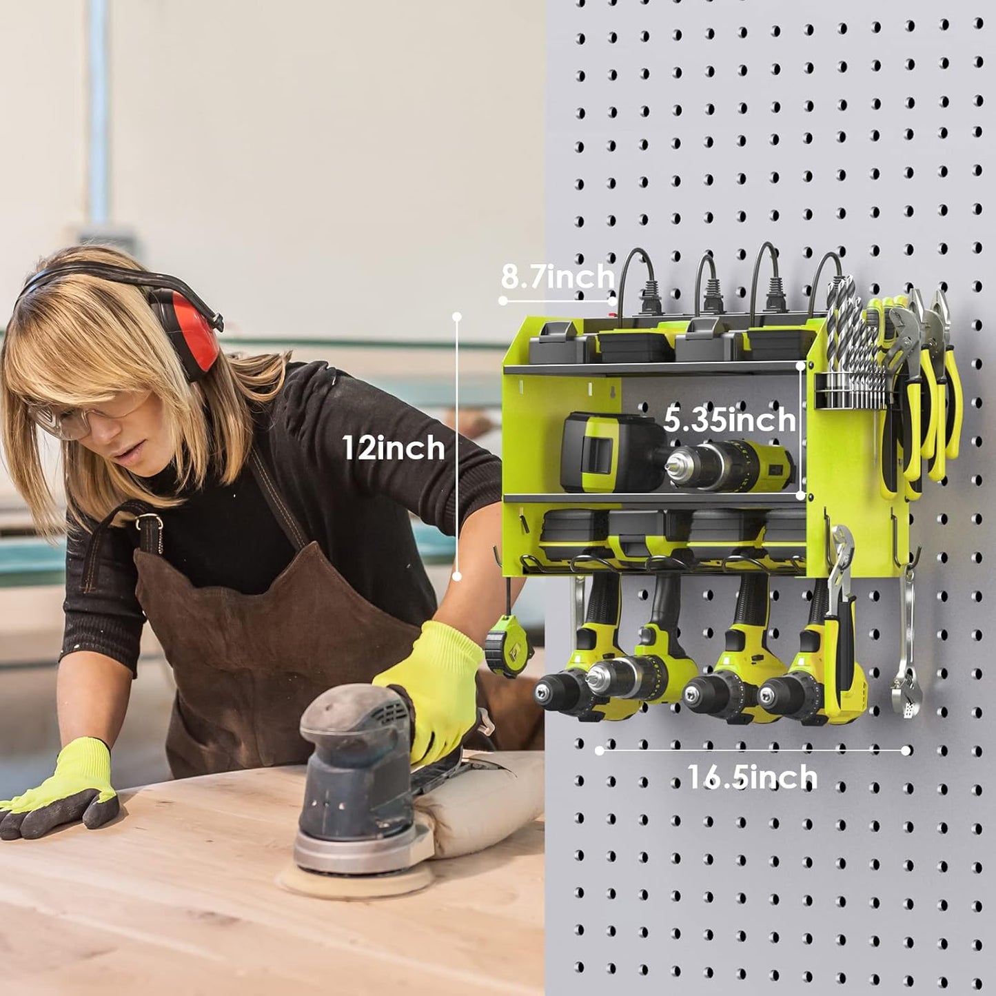 CCCEI Modular Power Tool Organizer Wall Mount with Charging Station. Garage Drill Storage Shelf with Hooks, Heavy Duty Rack, Tool Battery Holder Built in 8 Outlet. Gift for Men. Green, 1 Pack.