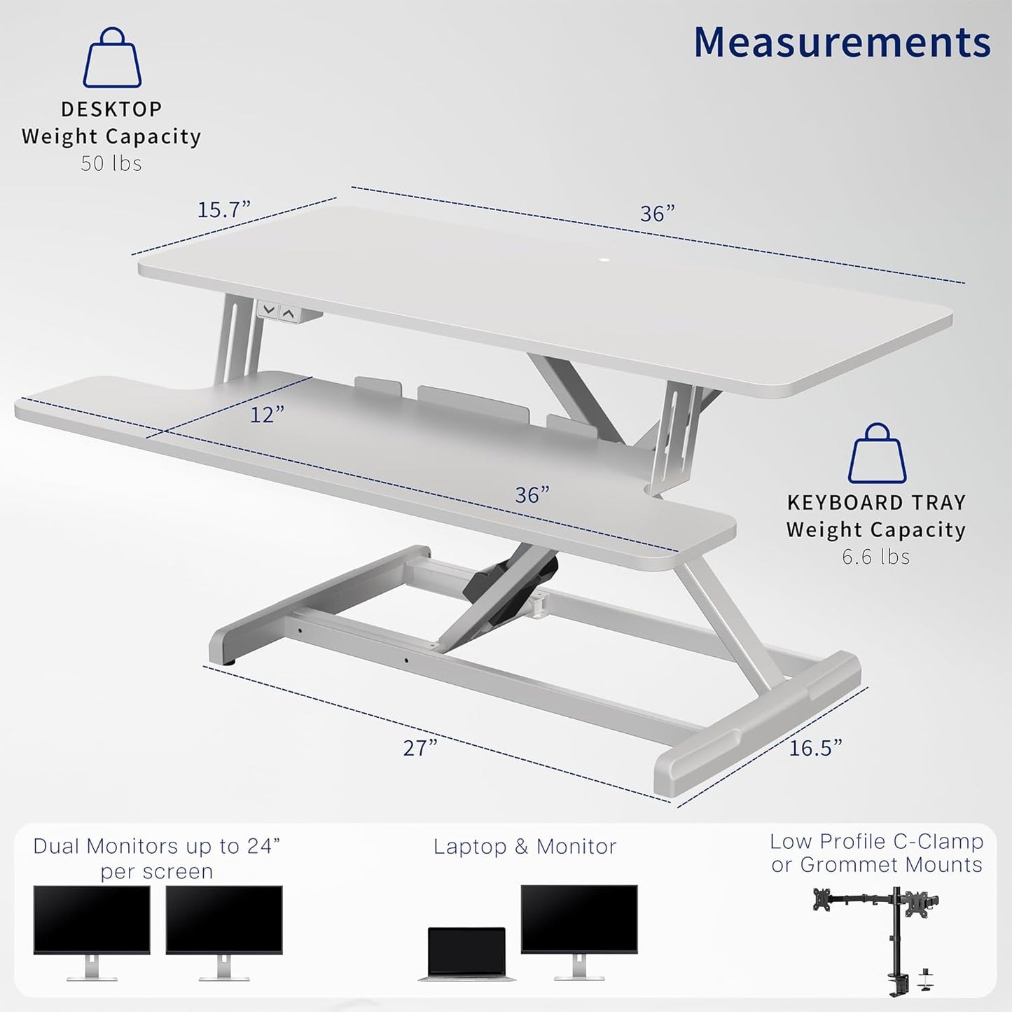 VIVO 36 inch Electric Motor Desk Converter, Height Adjustable Riser, Sit to Stand Dual Monitor and Laptop Workstation with Wide Keyboard Tray, White, DESK-VE36W