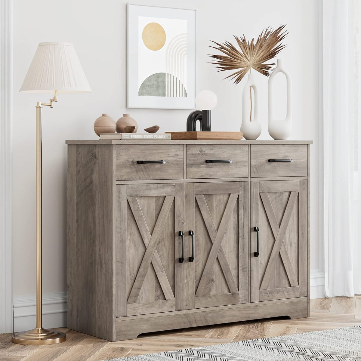 HOSTACK Kitchen Buffet Cabinet with Storage, Sideboard Coffee Bar, Grey | Farmhouse Kitchen Storage Cabinet with 3 Drawers & Adjustable Shelf, 42.5"W Buffet Table for Dining Living Room, White
