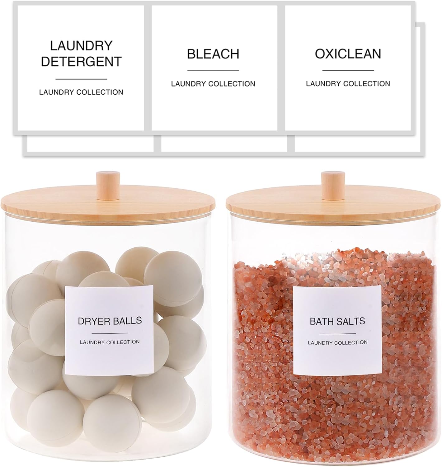 TIPGO Glass Jars and Acrylic Dryer Sheet Holder, Laundry Pods Container with Bamboo Lid and 27 Labels, Powder Detergent Containers for Laundry Room Organization, Storage Jars Set (3 Pack)