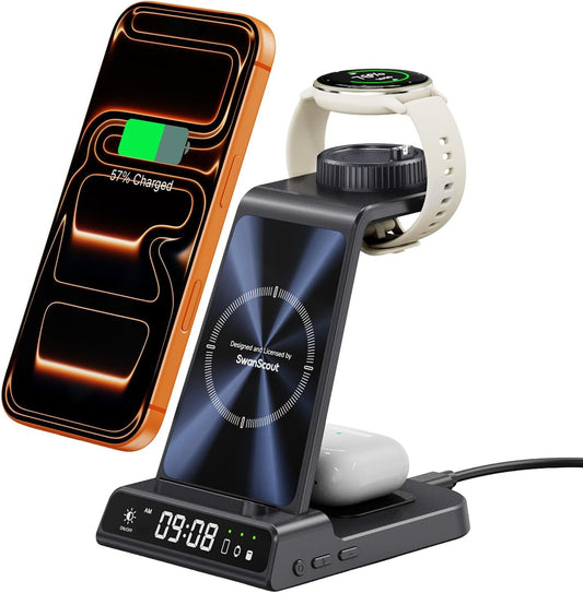 Charger for Garmin Watch and iPhone, 3 in 1 Wireless Charging Station for Fenix, Venu, Forerunner, vivoactive, Instinct, Charger Stand for Samsung Phone, for AirPods, for Galaxy Buds3 (No Adapter)