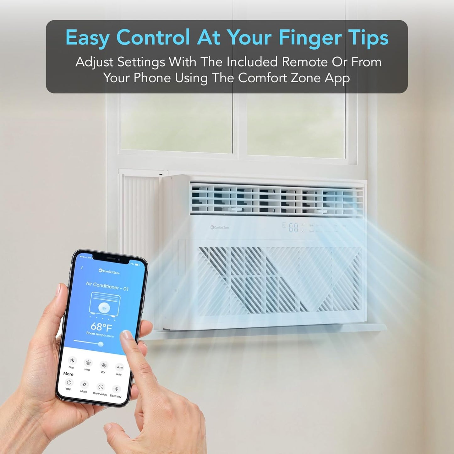 Comfort Zone Window Mounted Smart Wi-Fi Room Air Conditioner with Remote Control, 8,000 BTU, Digital Display, 4 Speed Settings, 4 Mode Settings, 24-Hour Timer, Sleep Setting, and Eco Mode, CZ12758