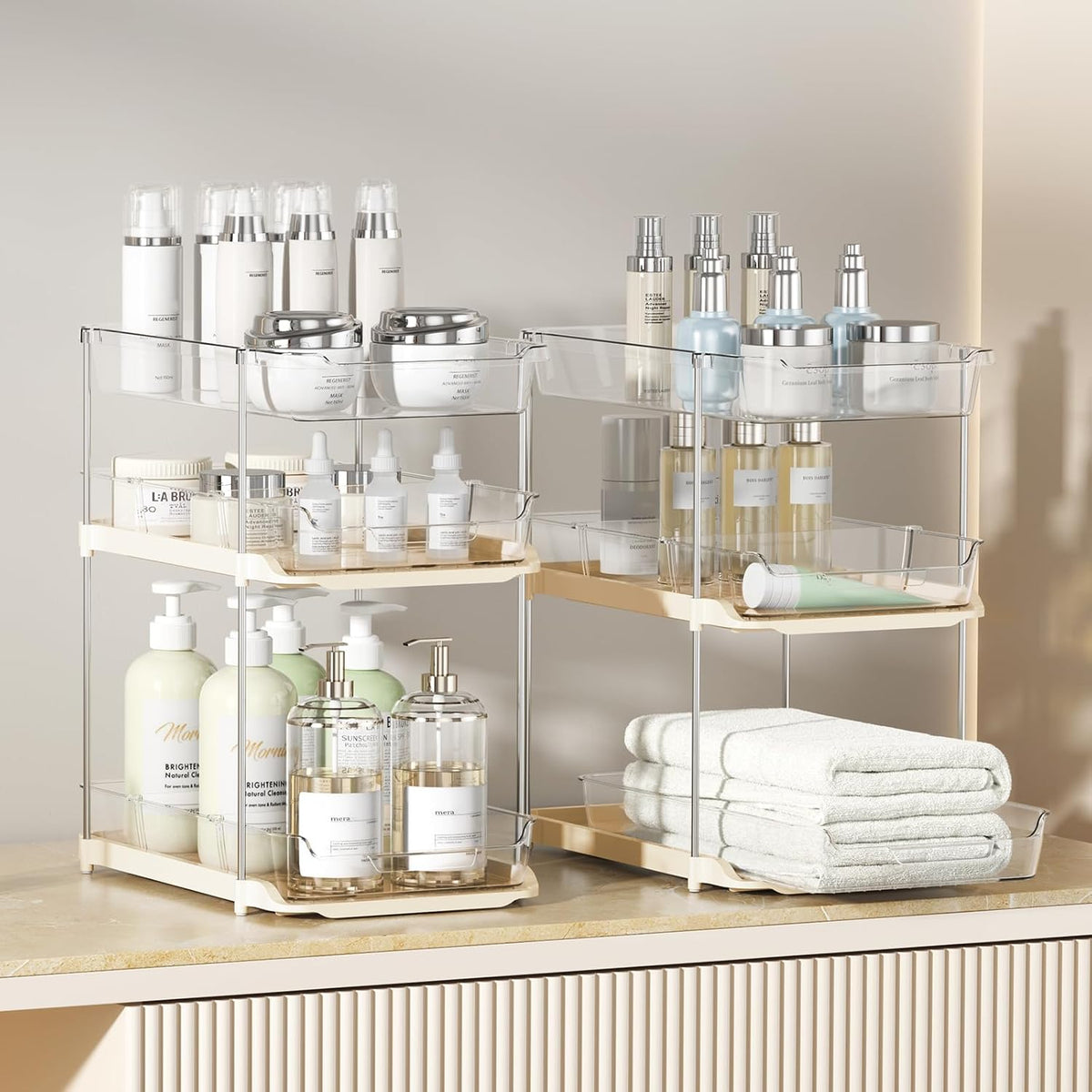 Delamu 2 Pack 3-Tier Bathroom Under Sink Organizers and Storage, Multi-Purpose Stackable Pantry Organization and Storage, Pull Out Clear Kitchen Bathroom Cabinet Organizer with Movable Dividers, Beige