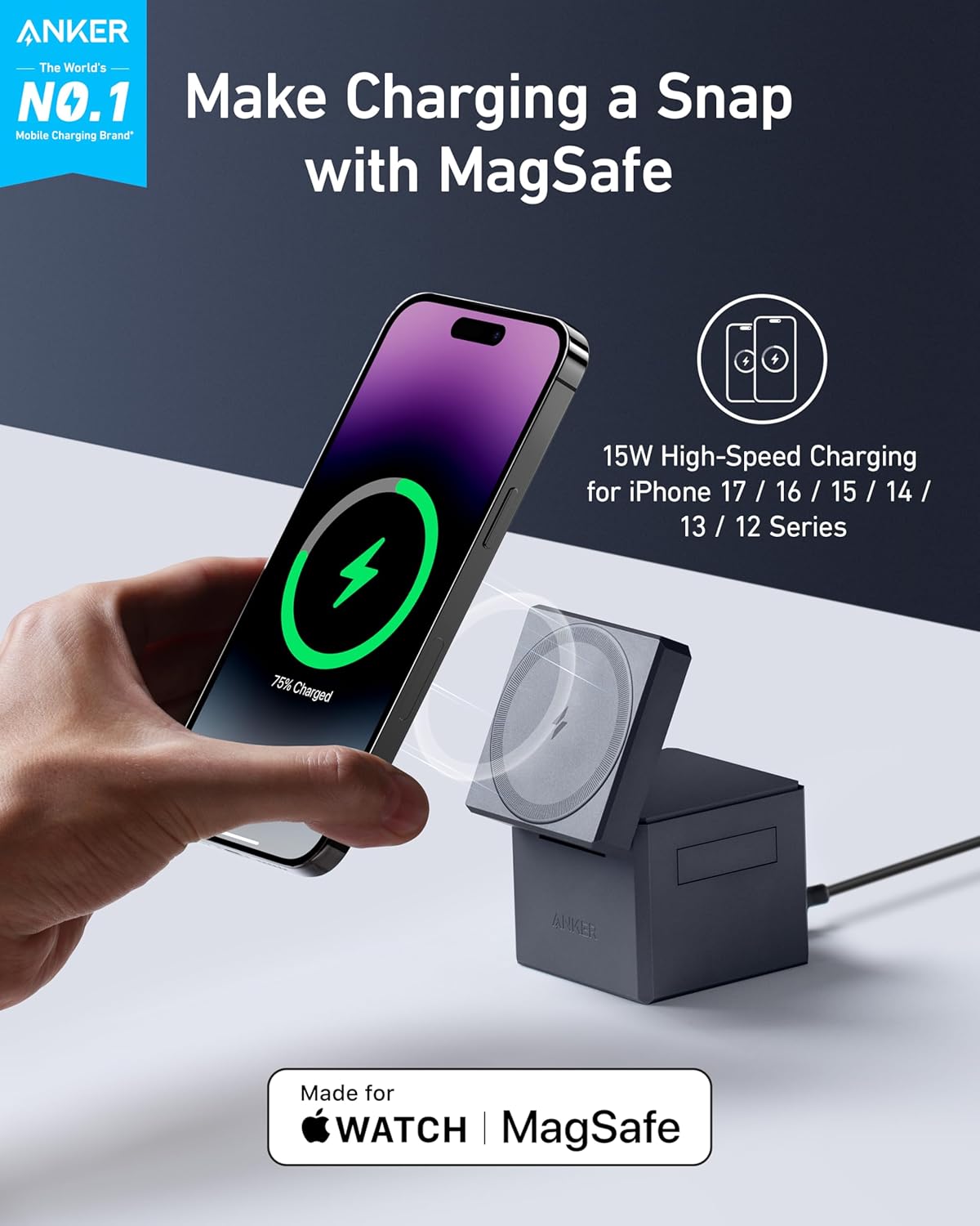 Anker 3-in-1 Cube Wireless Charger, MagSafe Charging Stand, 15W Foldable Fast Charging Station for iPhone 17/16/15, Apple Watch 1-8/Ultra, AirPods (Adapter Included, Non-Battery)