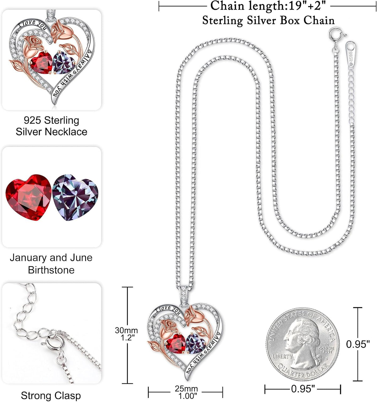 Iefil Birthstone Necklace for Women - Rose Heart Necklace