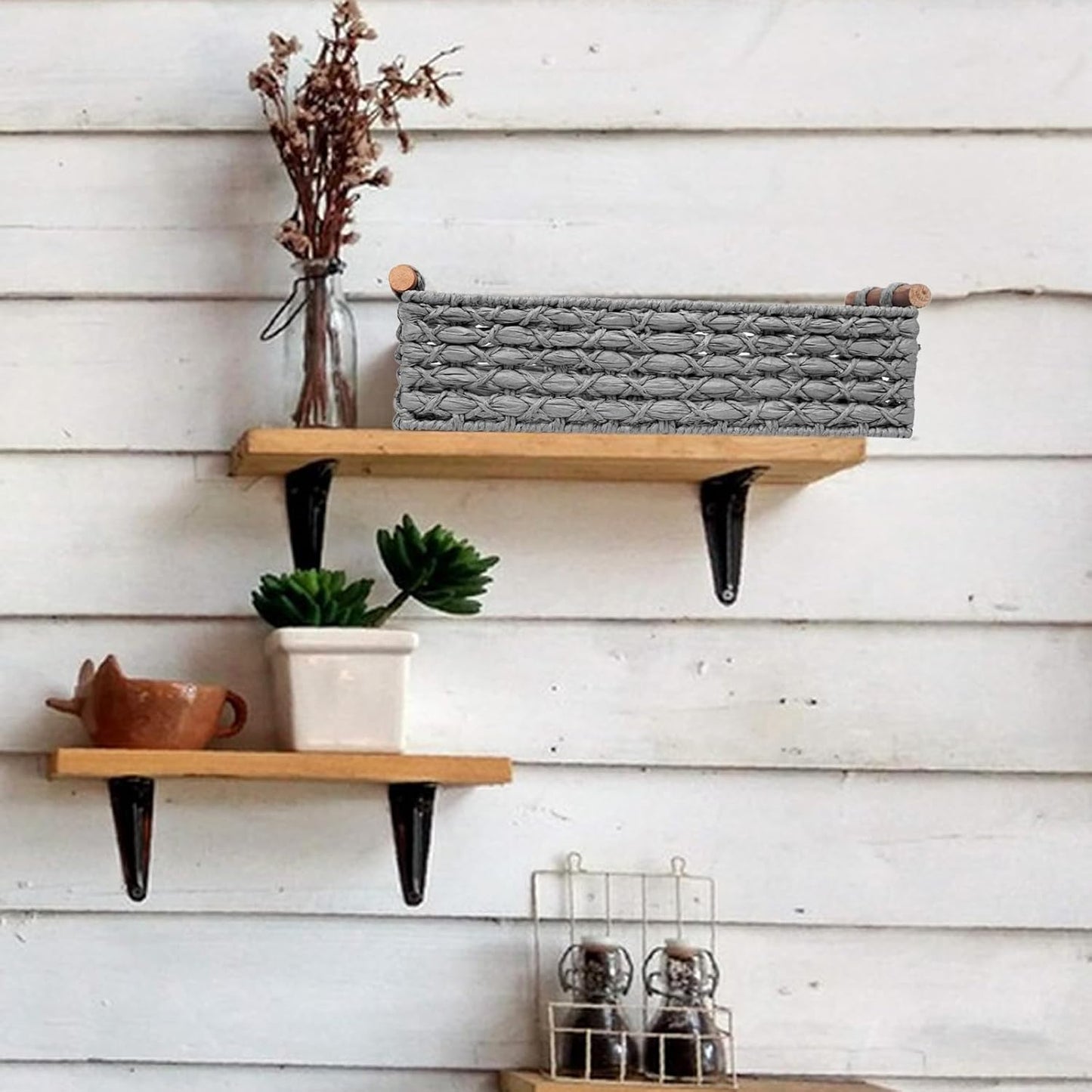 Small Storage Basket Wicker Baskets for Organizing with Handle Decorative Storage Bin for Countertop Toilet Paper Basket for Toilet Tank Top Small Baskets,Light Grey