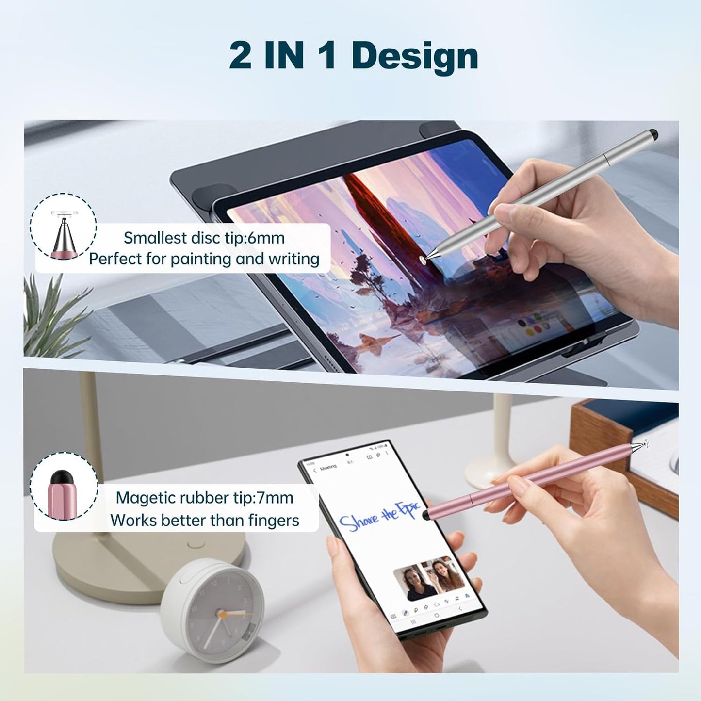 Stylus Pen for Touchscreen, 2 in 1 Stylus for Apple iPhone iPad Pro Android Tablets Chromebook All Universal Touch Screens (Rose Gold/Silver)