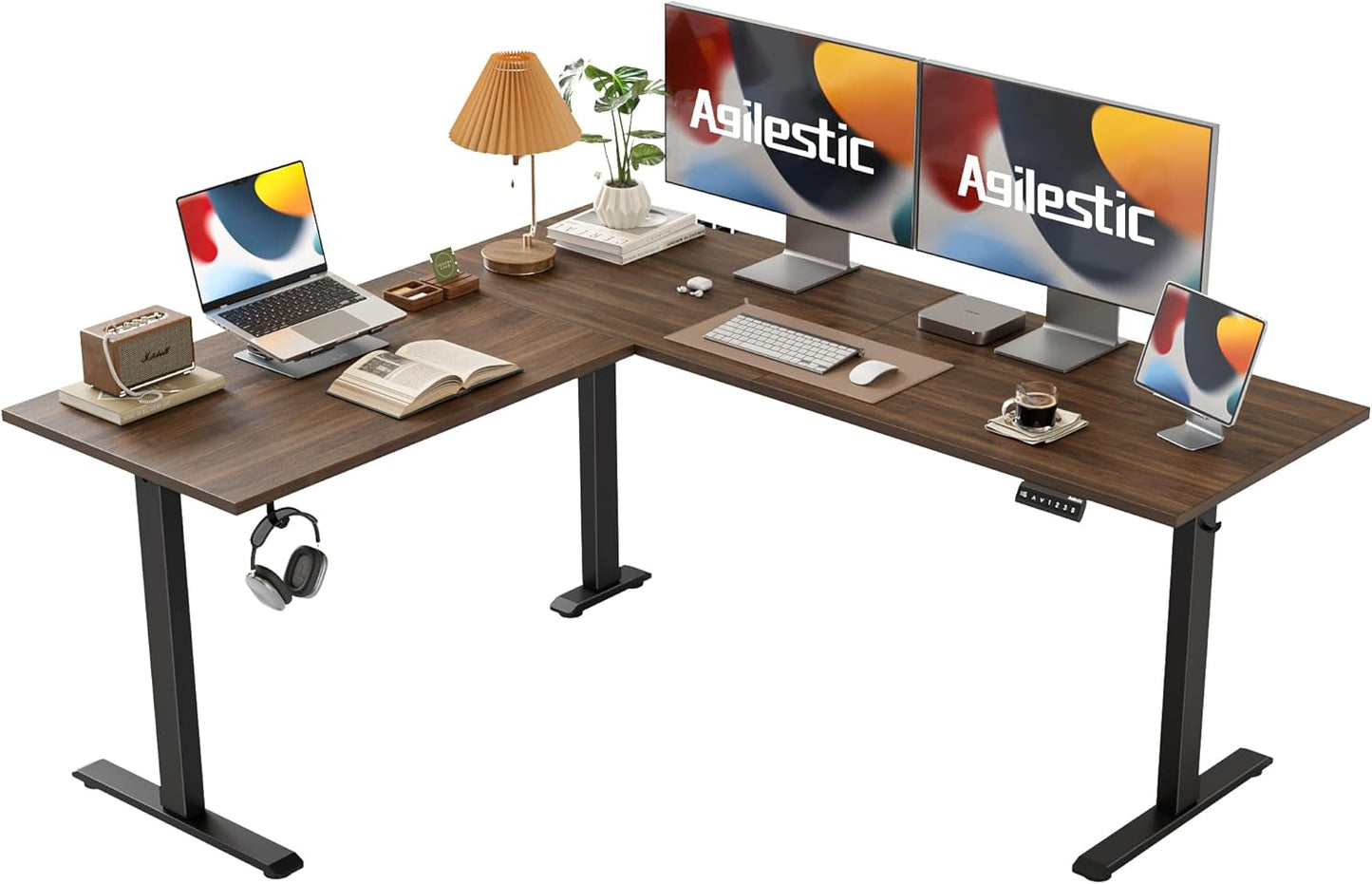 Agilestic L Shaped Standing Desk 63 x 55 inch Adjustable Height, Electric Corner Standing Desk, Sit Stand Computer Table with Splice Board, Dark Walnut