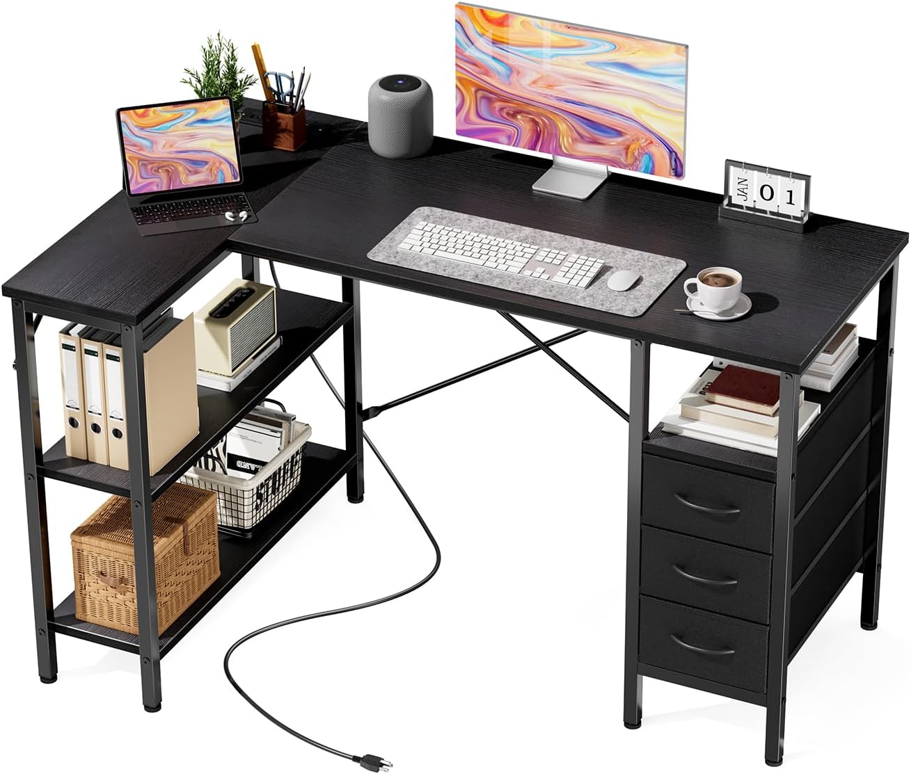 DUMOS L Shaped Desk with Shelf Drawers 47 Inch, Black Corner Computer Desks Gaming with Power Outlet, Study Table with Adjustable Shelves, Home Office Tables for Bedroom Teacher Reading Writing
