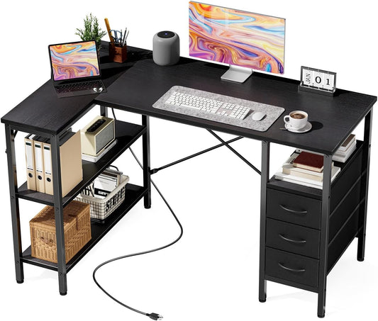 DUMOS L Shaped Desk with Shelf Drawers 47 Inch, Black Corner Computer Desks Gaming with Power Outlet, Study Table with Adjustable Shelves, Home Office Tables for Bedroom Teacher Reading Writing