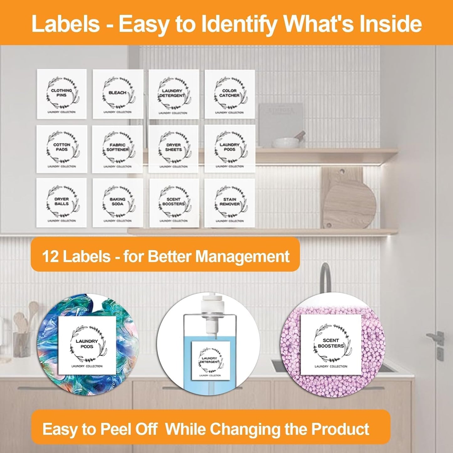 FEXIA 3+2 Pack Laundry Pods Containers and Dryer Sheet Holder with Laundry Detergent Dispenser Laundry Room Organization Storage Containers with Lids and Labels for Scent Booster,Powder,Pods
