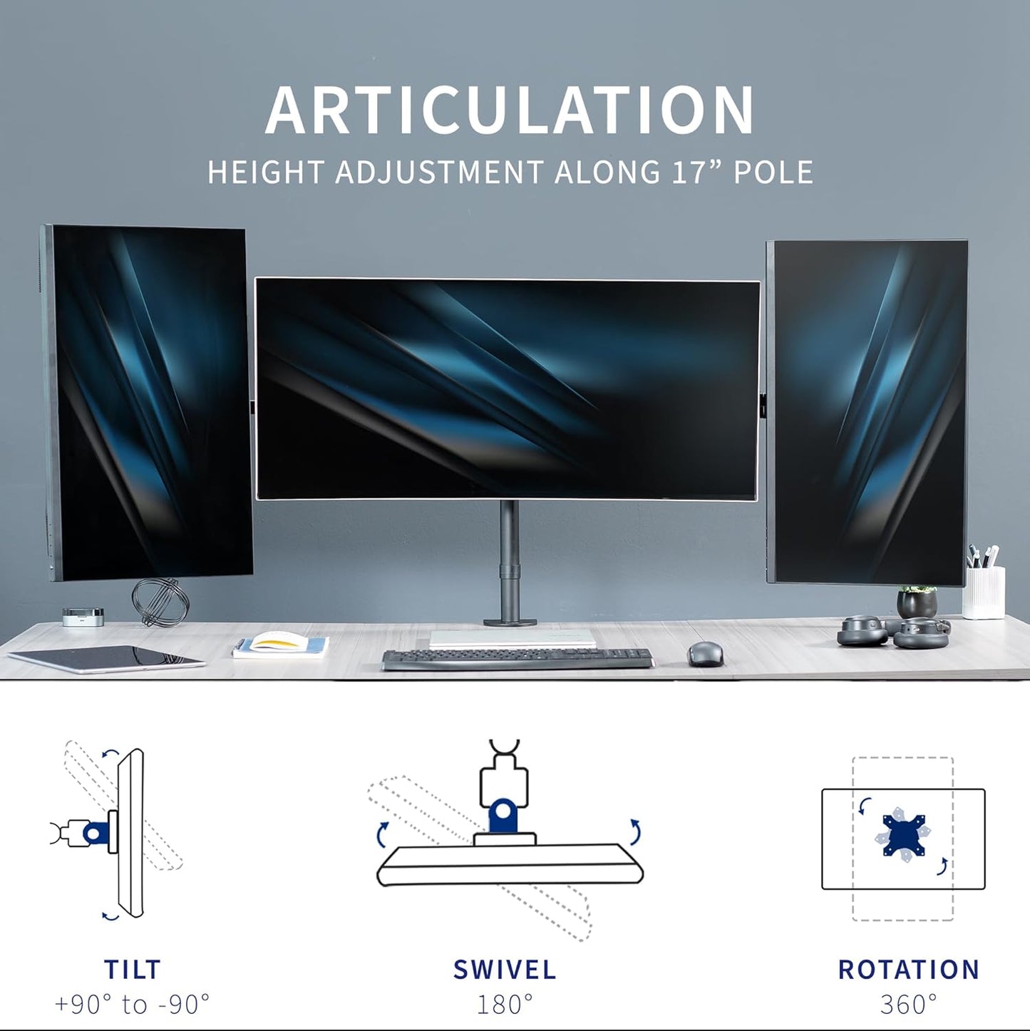 VIVO Premium Triple Monitor Desk Mount for 3 Screens up to 22 lbs, Fits up to 38 inch Ultrawides on Center Bracket, Adjustable Telescoping Arms, Flush Wall Setup, Black, STAND-TS03C