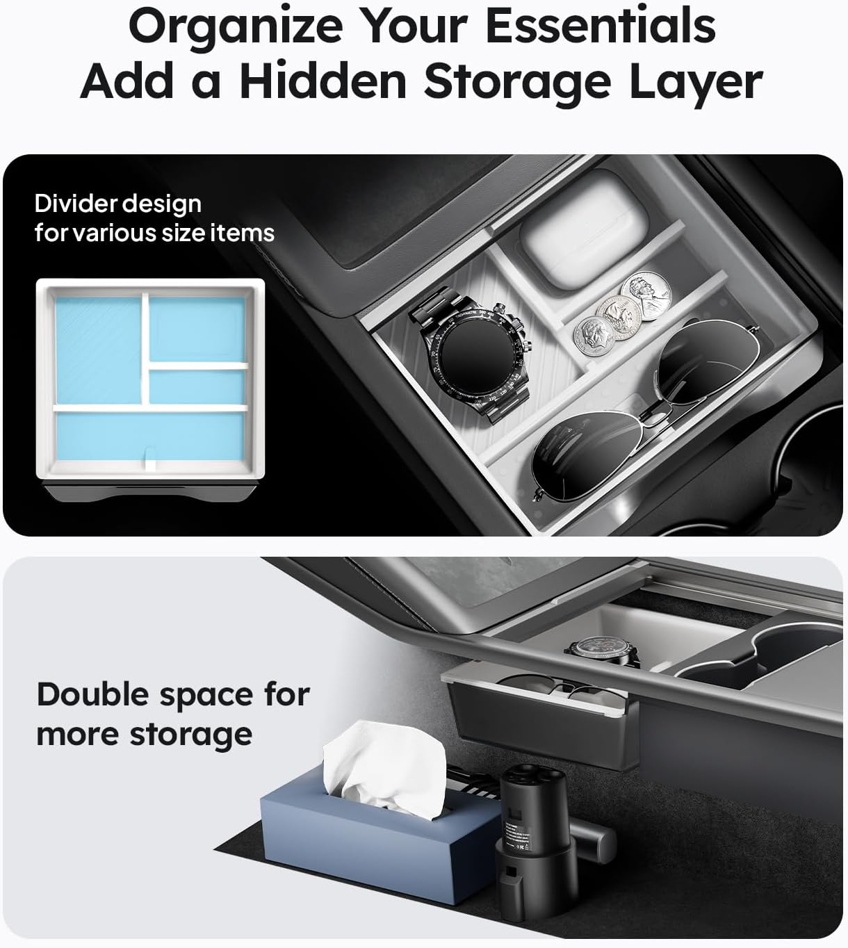 Wigoo Center Console Organizer for Tesla Model Y Juniper (Only Premium & Performance 2025 2026) and All Model 3 Highland Accessories [Double-Layer Storage, Smooth Sliding] 4PCS White
