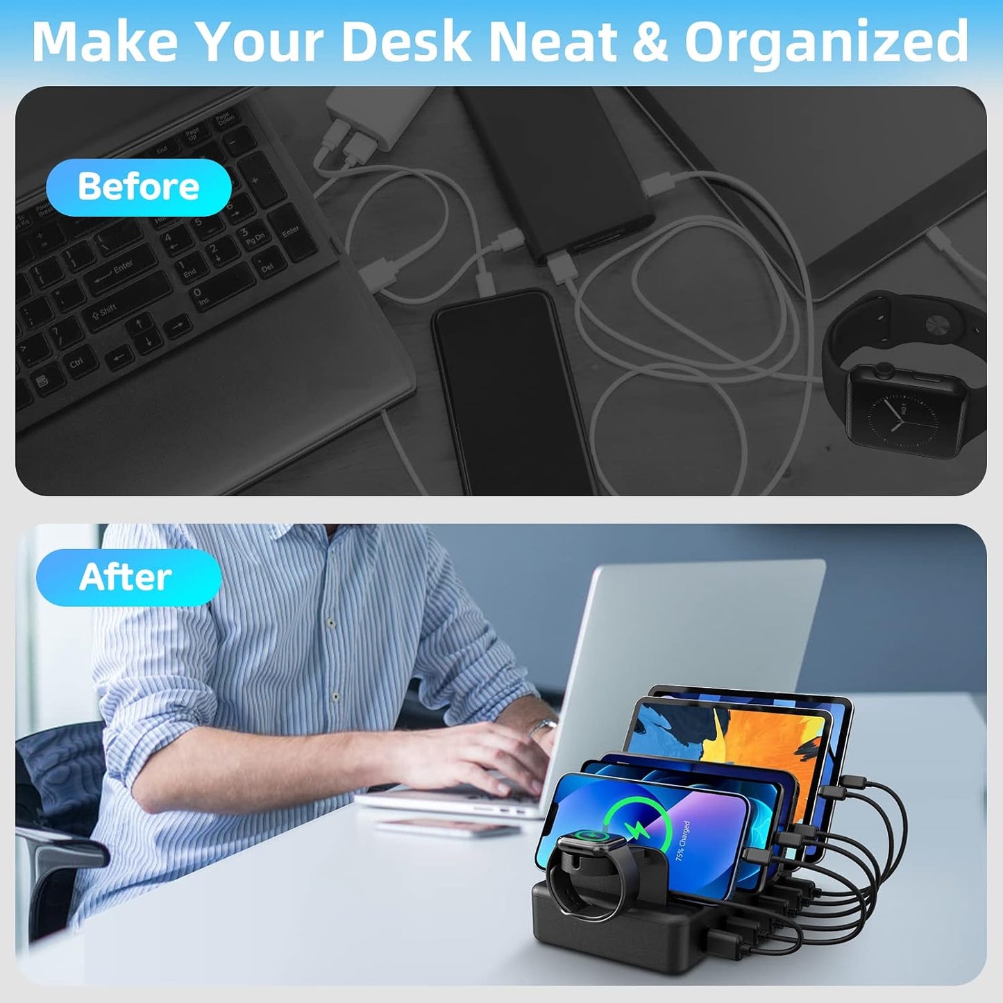Charging Station for Multiple Devices, 50W 6 Ports USB Charger Station | with Apple Watch Holder & 6 Cables, for iPad Cellphone Kindle Tablet and Other Electronic, 1 USB-A to USB-C Adapter Converter