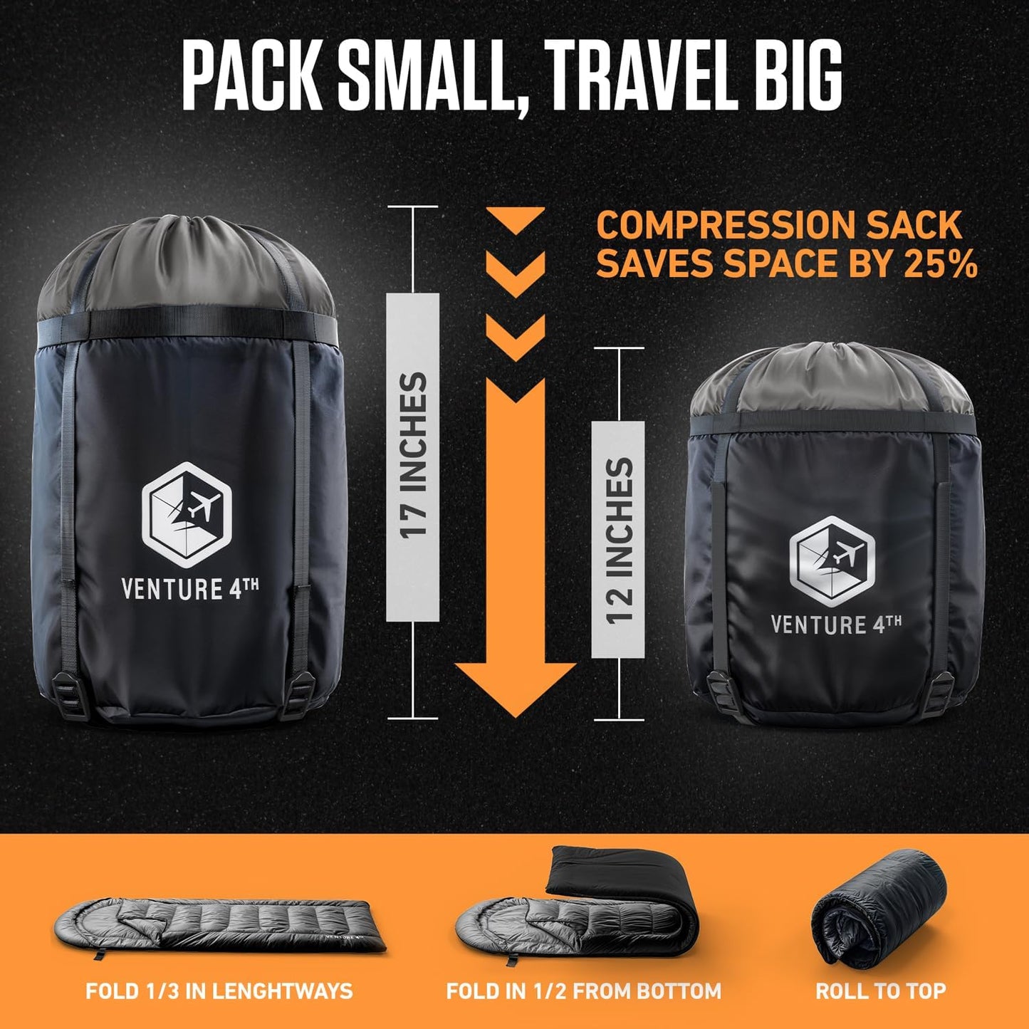 VENTURE 4TH Backpacking Sleeping Bag – XXL, Double and Single Sizes - Lightweight Warm & Cold Weather Sleeping Bags for Adults, Kids & Couples – Ideal for Hiking, Camping & Outdoor Adventures