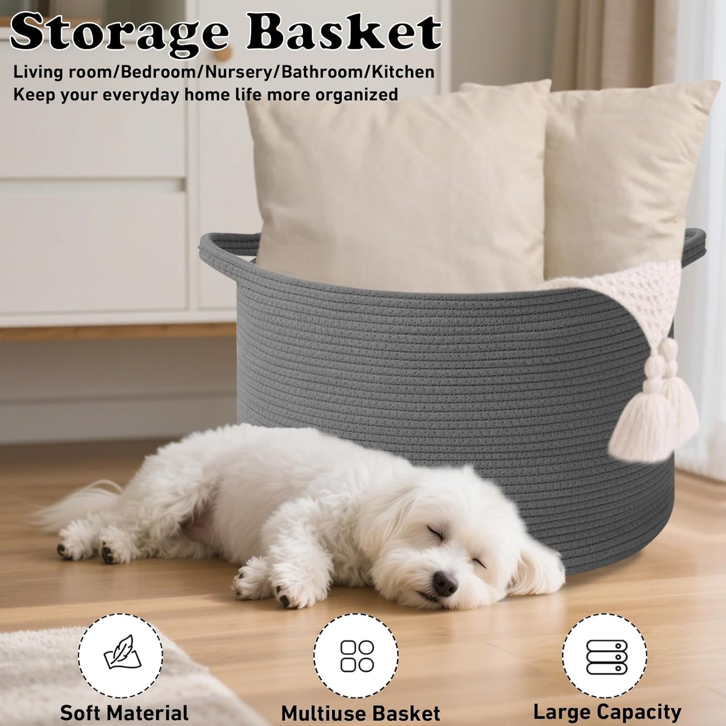 65L Large Blanket Basket,Woven Rope Laundry Basket-Dark Grey | Collapsible, reinforced handles, nursery storage bin organizes clothes, toys and pillows for living room, bedroom bathroom.