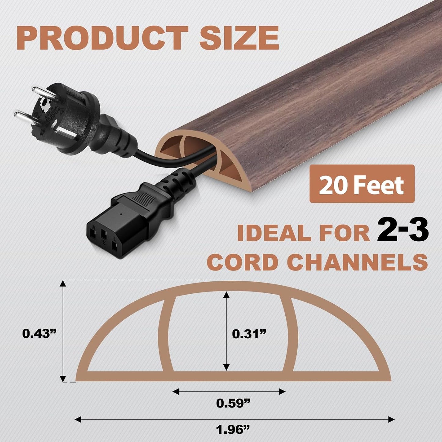 Floor Cord Cover for Wires on Floor Self Adhesive Cord Hider | Floor Cable Cover Floor Wire Covers for Cords Prevent Cable Trips, Cord Cavity W 0.59" x H 0.31", Grayish Brown Wood, 20Ft