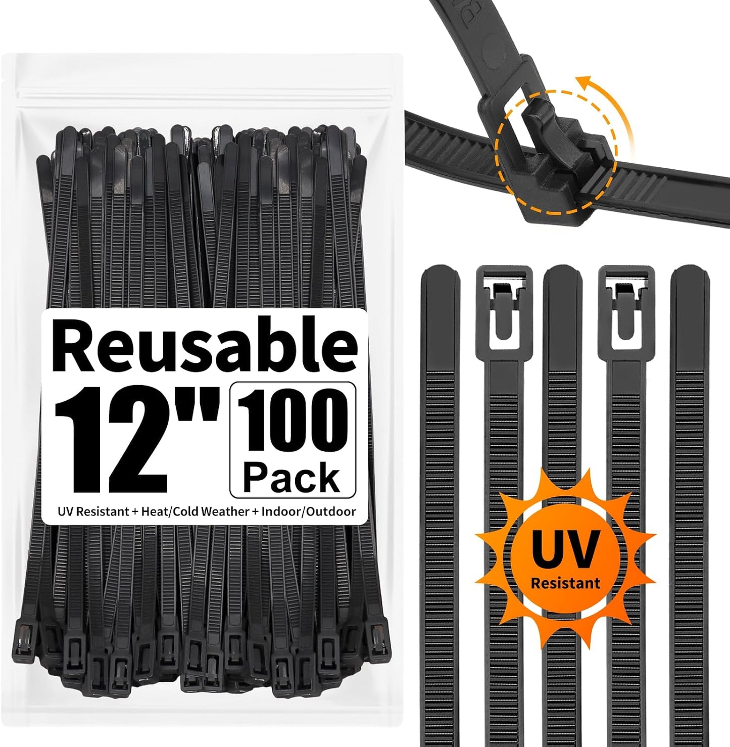 100 Pack Reusable Zip Ties 12 Inch Heavy Duty UV Resistant Cable Ties Black | Reusable Trigger Release / Heavy Duty Nylon / UV Weatherproof / Non-Slip Self-Locking / Smooth Round Ending No Hurt