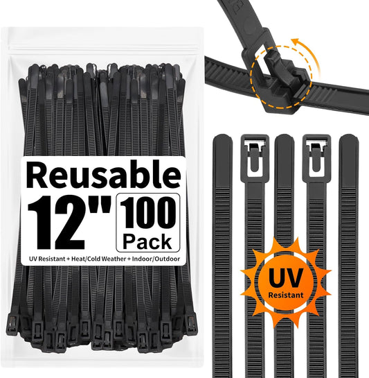 100 Pack Reusable Zip Ties 12 Inch Heavy Duty UV Resistant Cable Ties Black | Reusable Trigger Release / Heavy Duty Nylon / UV Weatherproof / Non-Slip Self-Locking / Smooth Round Ending No Hurt