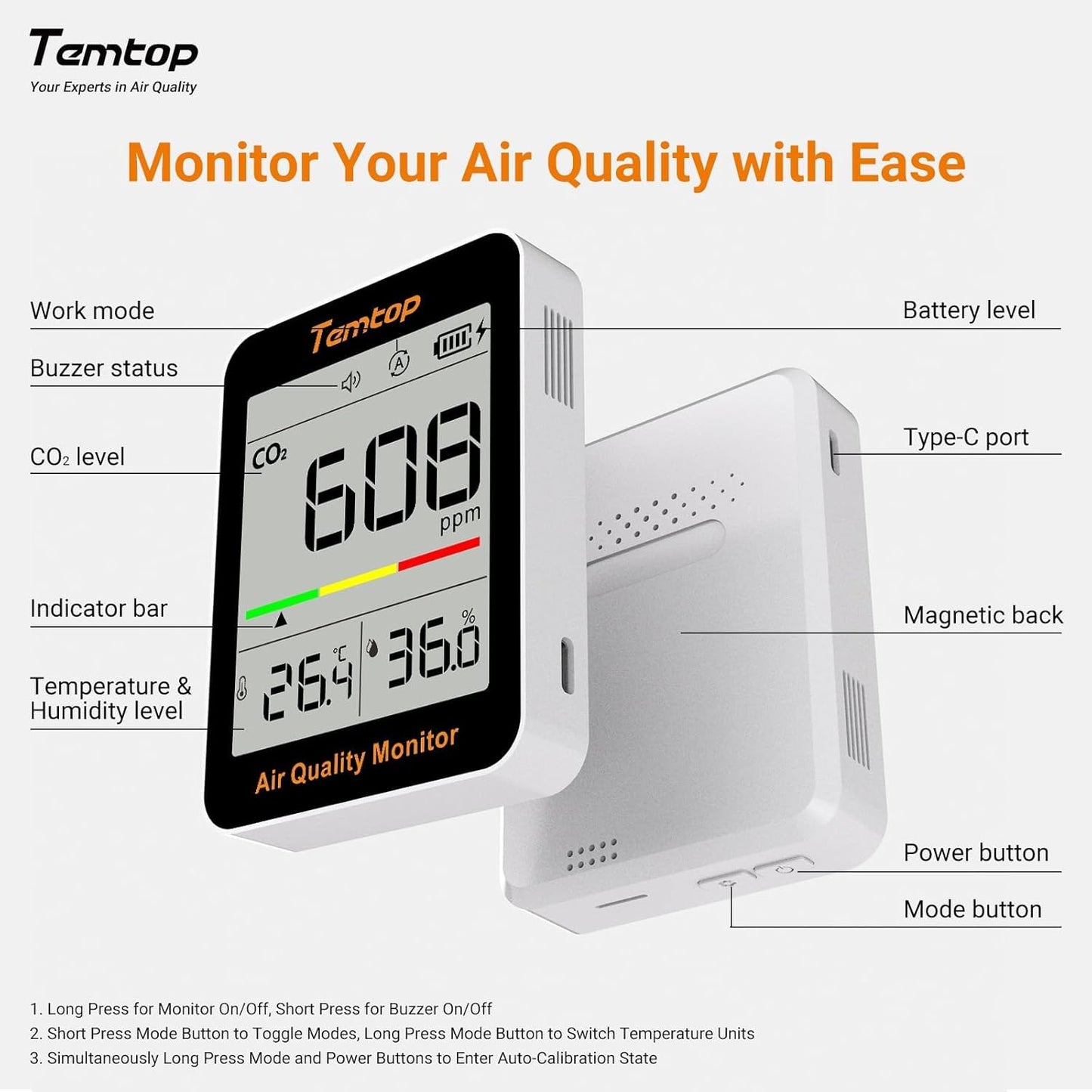 Temtop CO2 Monitor Indoor air Quality Monitor Portable CO2 Meter, CO2, Temperature, Humidity Home, Office or School
