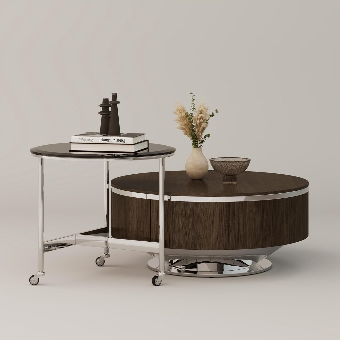 31.5 Inch Round Walnut Coffee Table with Hidden Storage Drawers and Silver Polished Stainless Steel Base, Modern Coffee Table Set with Rolling Side Table for Living Room
