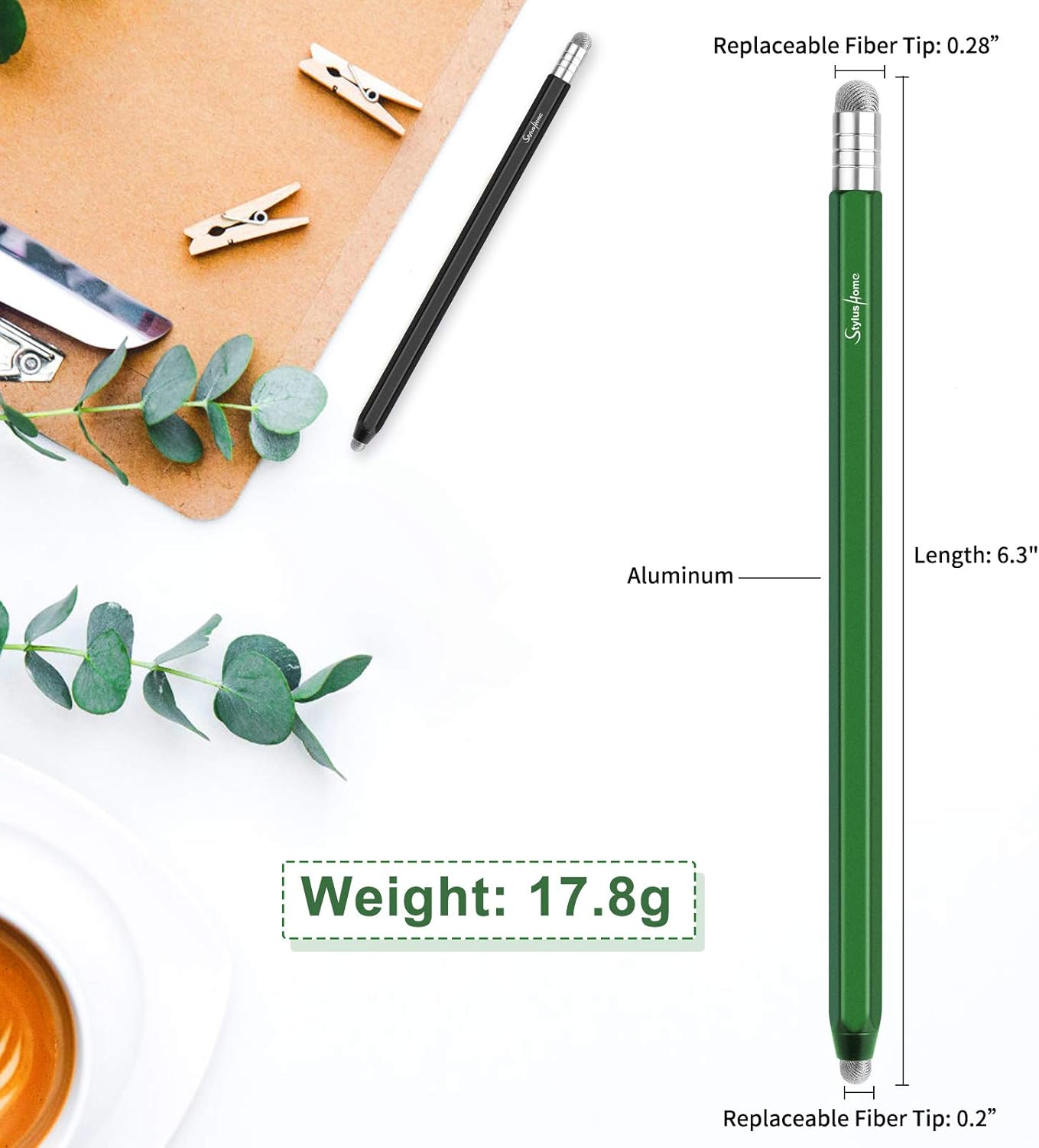 StylusHome Stylus for Touch Screens (2 Pcs), High Sensitivity 2 in 1 Fiber Tips Pen with 8 Extra Replaceable Tips, Stylus for iPad iPhone Tablets Samsung All Universal Touch Screen (Black & Green)