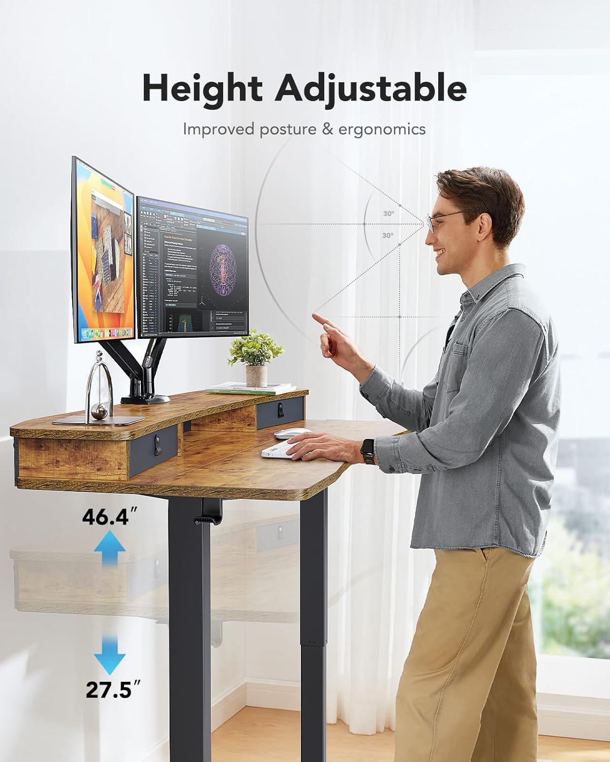HUANUO 48″ x 24″ Electric Standing Desk with 2 Drawers, C-Clamp Mount Compatible, Height Adjustable Computer Desk, Home Office Stand Up Desk with 4 Preset Heights & 2 Hooks, Vintage Brown