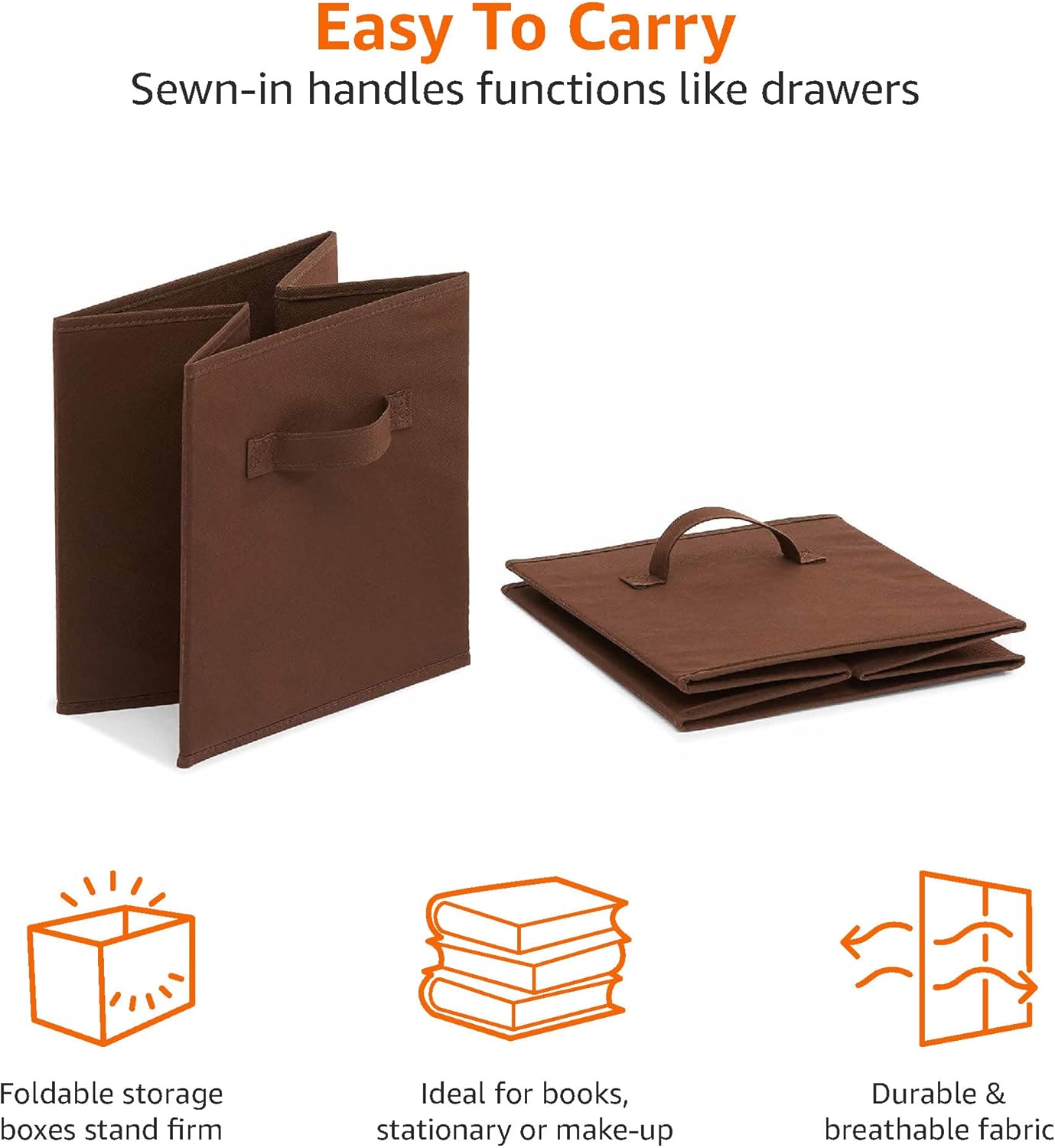 Amazon Basics Collapsible Fabric Storage Bins with Handles, Cube Organizer, Lightweight Fabric, 10.5"x10.5"x11", Brown, 6-Pack
