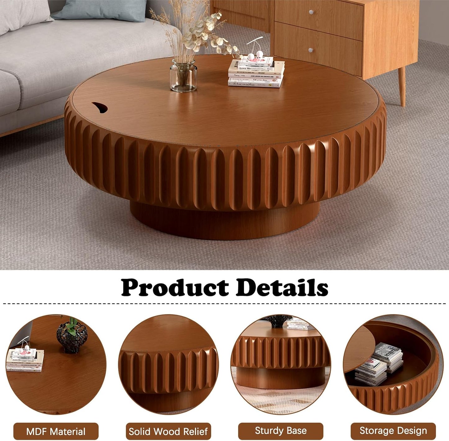 Round Coffee Table with Storage (Brown 39.37") | Handcraft Fluted Drum, Modern Circle Wooden Coffee Table, Cocktail Table for Living Room, Home Office Apartment