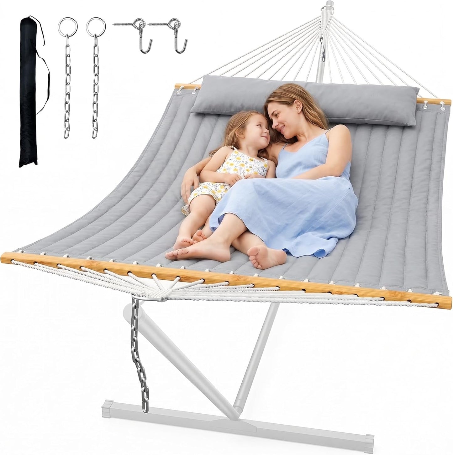 ANAGOO Double Quilted Outdoor Hammock for 2 Adults, 500lb Capacity Backyard & Camping Hammock with Pillow and Bamboo Spreader Bar, Fits 11–15ft Hammock Stands (Stand Not Included),Dark Gray