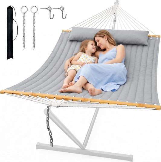 ANAGOO Double Quilted Outdoor Hammock for 2 Adults, 500lb Capacity Backyard & Camping Hammock with Pillow and Bamboo Spreader Bar, Fits 11–15ft Hammock Stands (Stand Not Included),Dark Gray