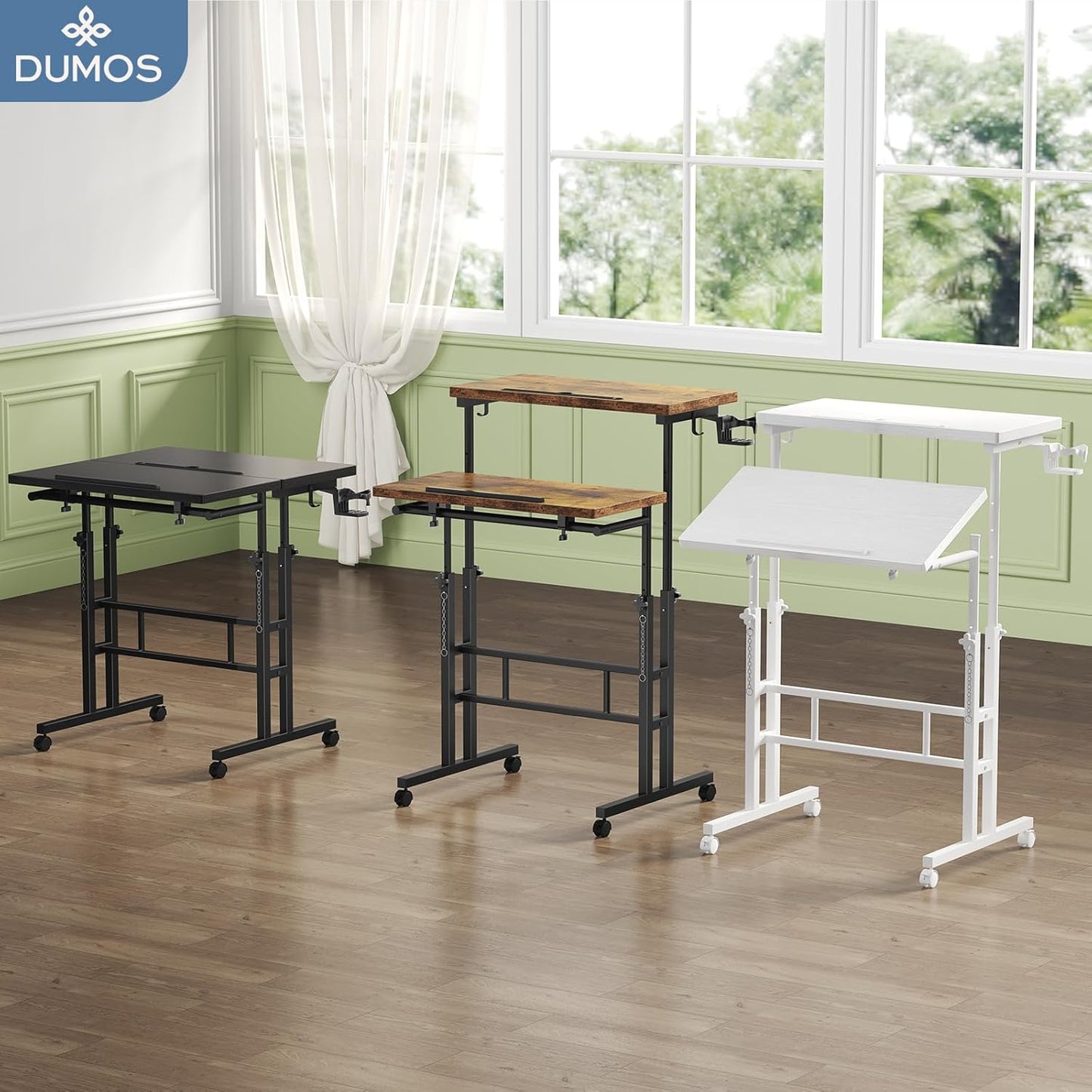 DUMOS Split Top Rolling Standing Desk 23.6 Inch Mobile Laptop Workstation Manual Height Adjustable Sit Stand Office Table Walking Pad Study Surface Portable Home Office Computer Cart White