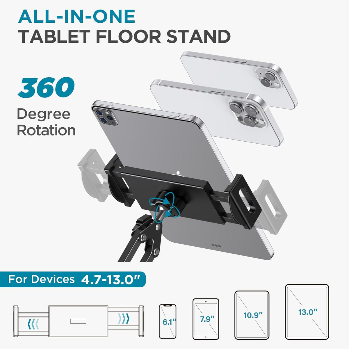 InnoGear Tablet Floor Stand, Overhead Bed Phone Stand Adjustable Holder Universal Floor Stand Compatible with iPhone iPad Pro Air Mini, Samsung Tab, Kindle, E-Readers (Large)