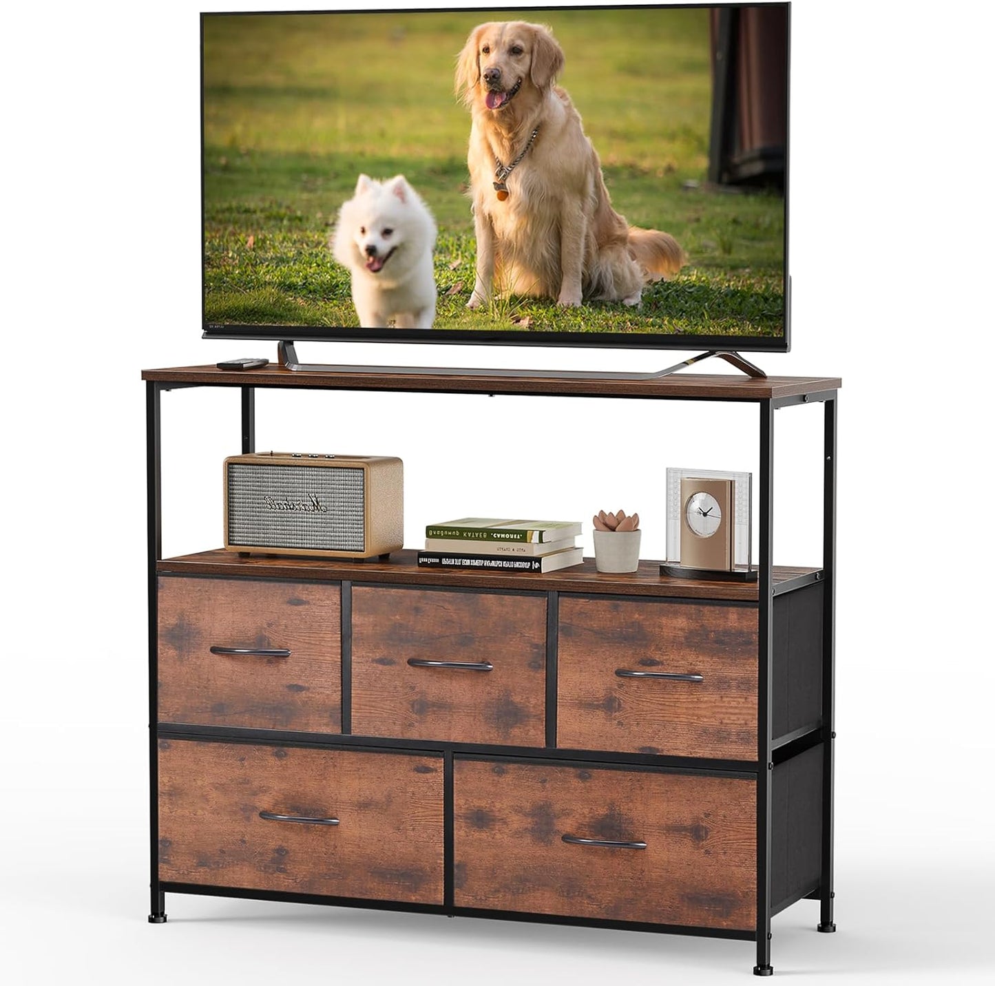 DUMOS TV Stand, Dresser with 5 Fabric Storage Drawers, Media Console Featuring Open Shelf for TV, Compact Entertainment Unit for Bedroom, Living Space, or Dorm Organization, Brown