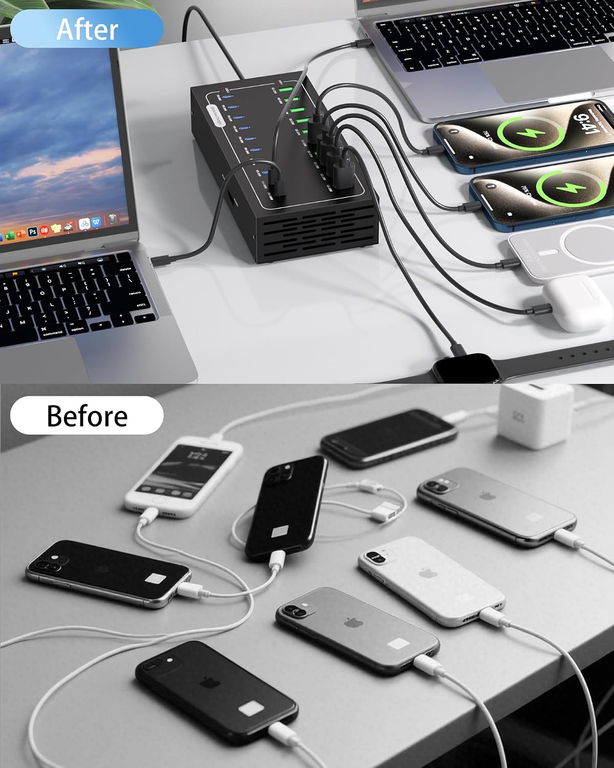 20 Port 580W USB Charging Station, Dual PD-45W USB C Charger Block | Fast Charging Station for Multiple Devices, Multi Protection for Laptop MacBook iPhone, iPad, Tablet, and More