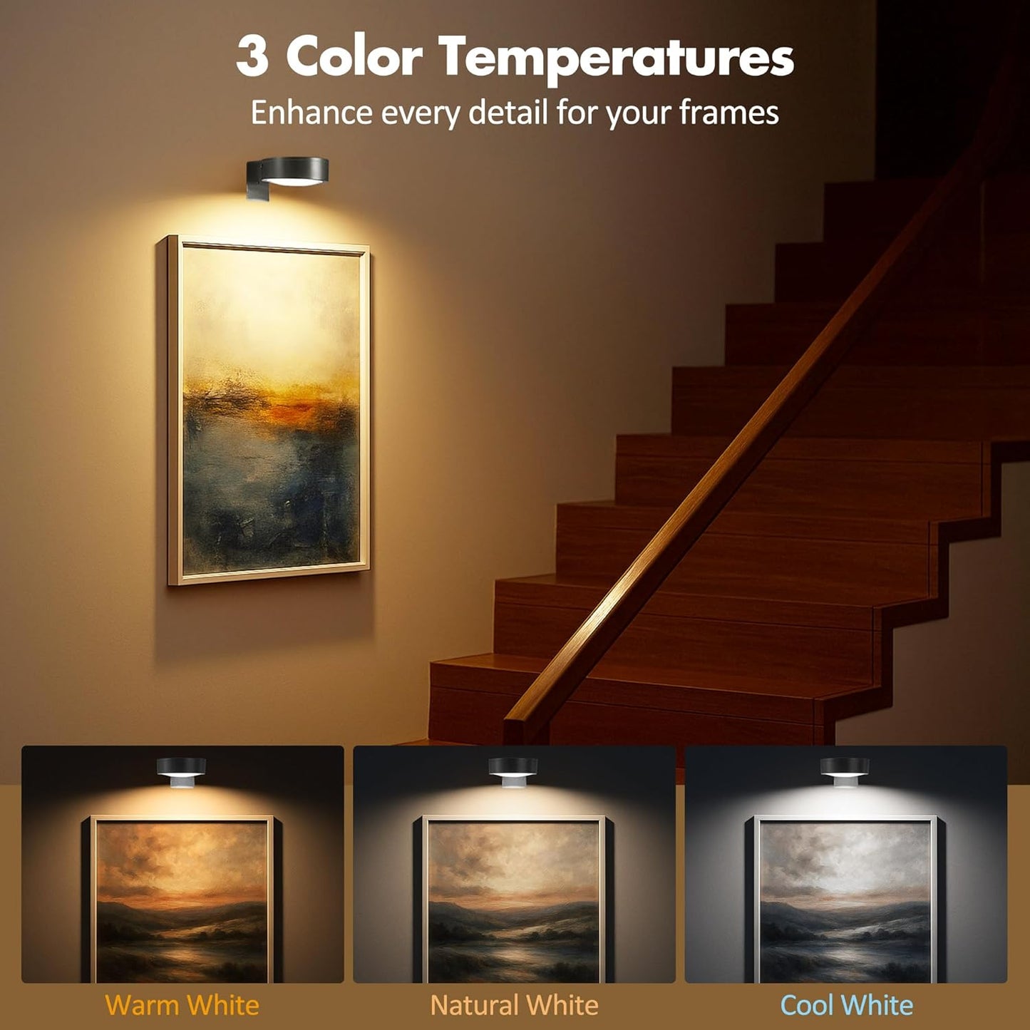 3Pcs Picture Lights for Wall Battery Operated, Magnetic Led Painting Light with Remote Dimmable and Timer, 3 Lighting Modes Art Display Light for Picture Frame, Wireless Wall Decor Puck Lights, Black