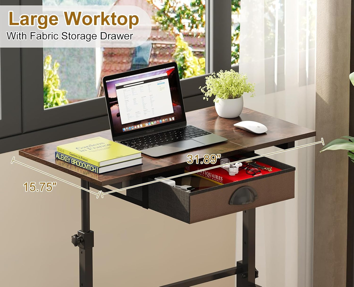 Adjustable Height Standing Desk With Drawer, Rolling Sit Stand Up Desk With Wheels, Small Sit To Stand Computer Desk, Adjustable Desktop Height, On Wheels, Brown, For Walking Pad Laptop Treadmill