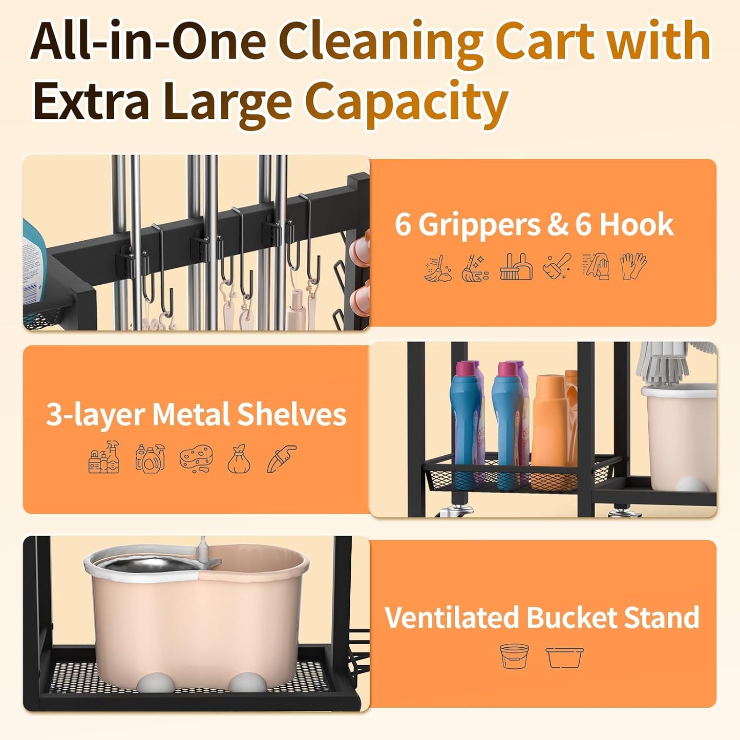 Broom Holder with Cleaning Supplies Organizer Load 350 LBS Cleaning Cart with Wheels Broom Closet Storage with 3-Tier Shelves, 6 Mop Hanger Grippers, 3 Double-Hooks, Vacuum Stand for Laundry Garage
