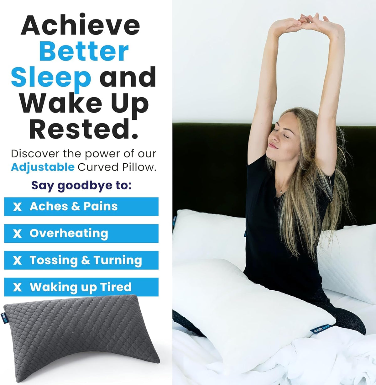 Sidney Sleep Adjustable Curved Pillows for Neck and Shoulder Support with Extra Shredded Fill - Cervical Contour Pillow for Side and Back Sleepers - Queen Size 19" x 29" CertiPUR-US Certified (Grey)