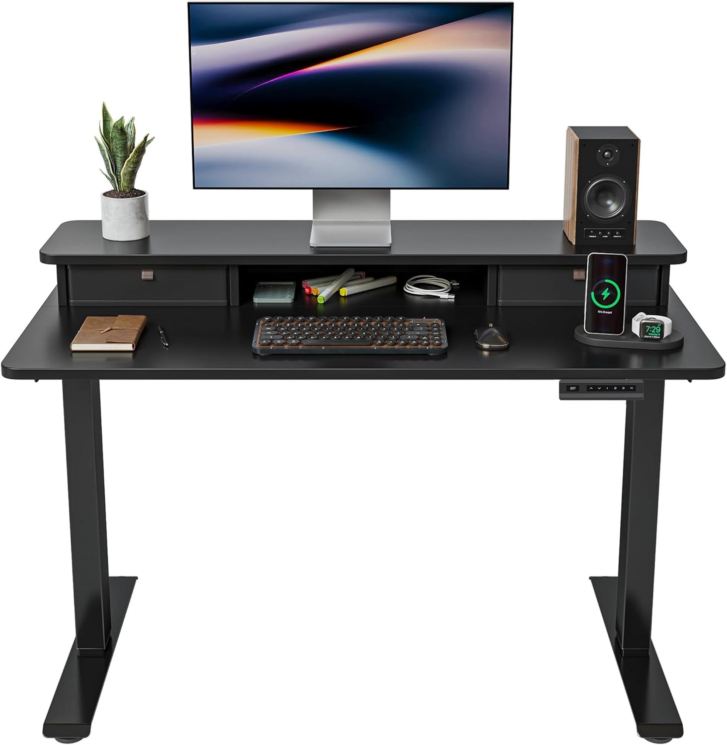 FEZIBO 48 x 24 Inch Whole-Piece Height Adjustable Standing Desk with Double Drawers, Sit Stand Desk, Stand Up Table (Send Two Packages), Light Rustic Top