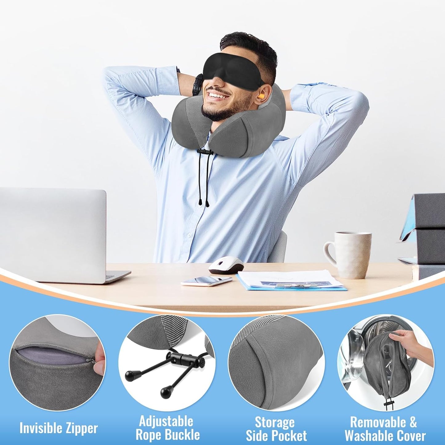 CloudBliss Travel Pillows for Airplane, Memory Foam Neck Pillows for Travel, Compact Neck Pillow for Long Flight, Car & Office, Plane Accessories with Eye Mask, Earplugs, Carry Bag, Black & Dark Grey
