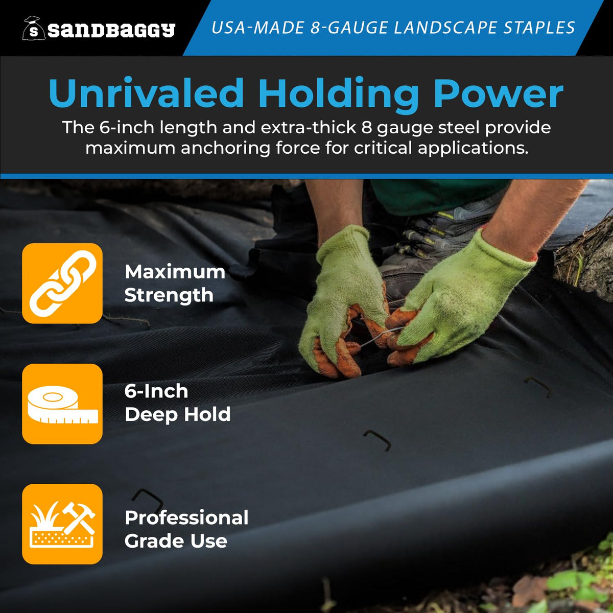 Sandbaggy USA Made 6-inch Landscape Staples - Garden Stakes - Landscaping Fabric, Netting, Sod, Artificial Turf (Extra Heavy Duty, 2000)
