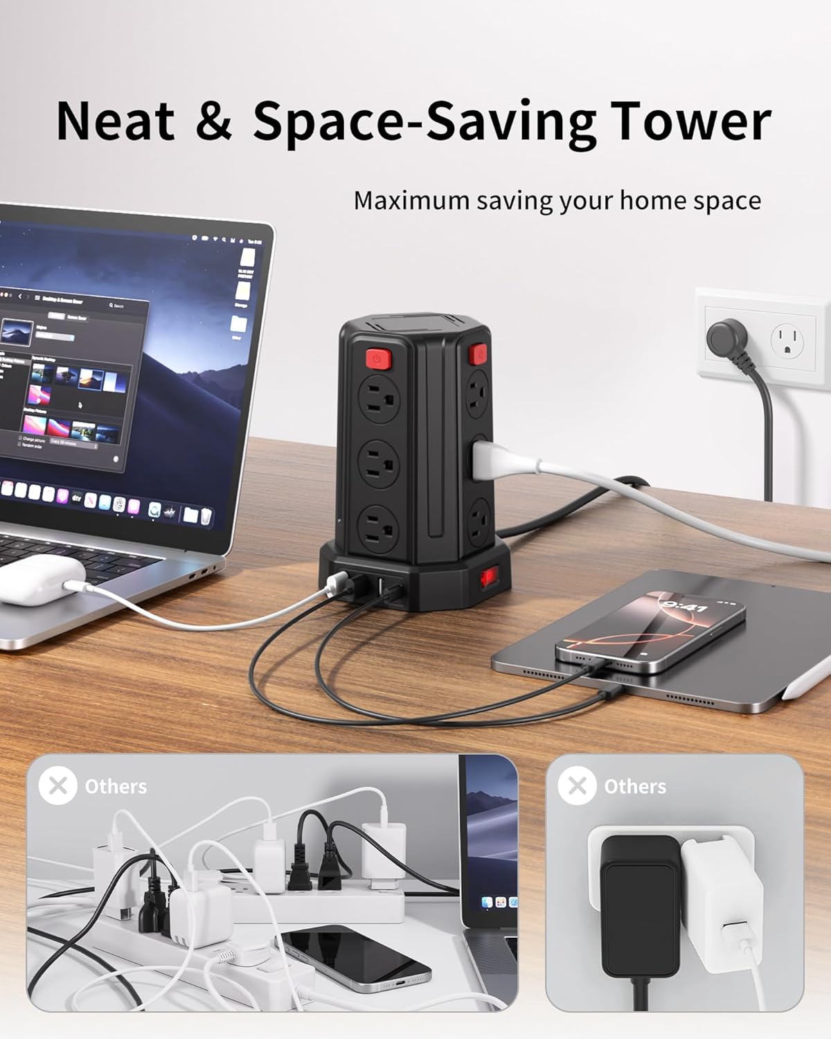 Power Strip Surge Protector, 6.5 Ft Extension Cord with 12 AC Multiple Outlets 4 USB (1 USB C), SMALLRT Power Tower Desktop Charging Station