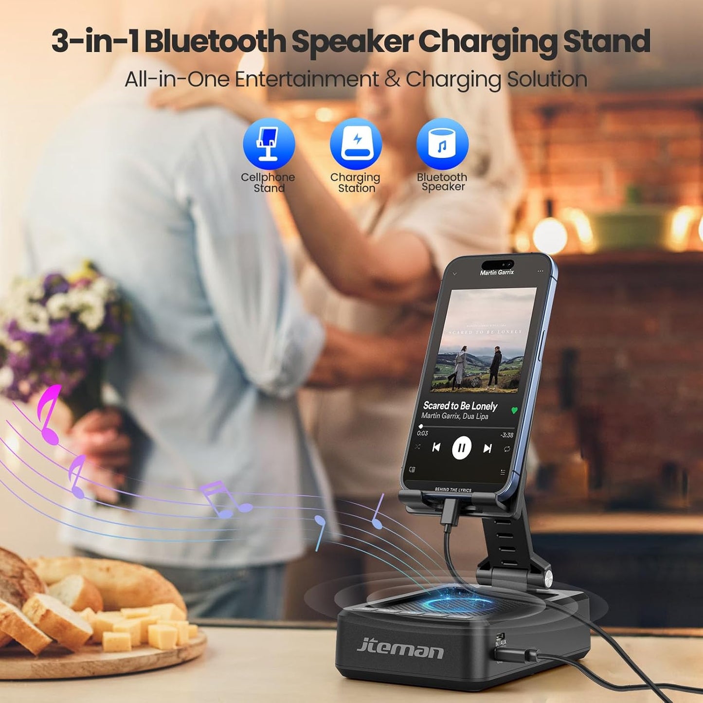 JTEMAN Cell Phone Stand with Bluetooth Speaker and Charging Function, HD Sound Adjustable Phone Holder, Birthday Gifts for Men Women, Cool Tech Kitchen Gadgets for All Phones,Tablet (Black)