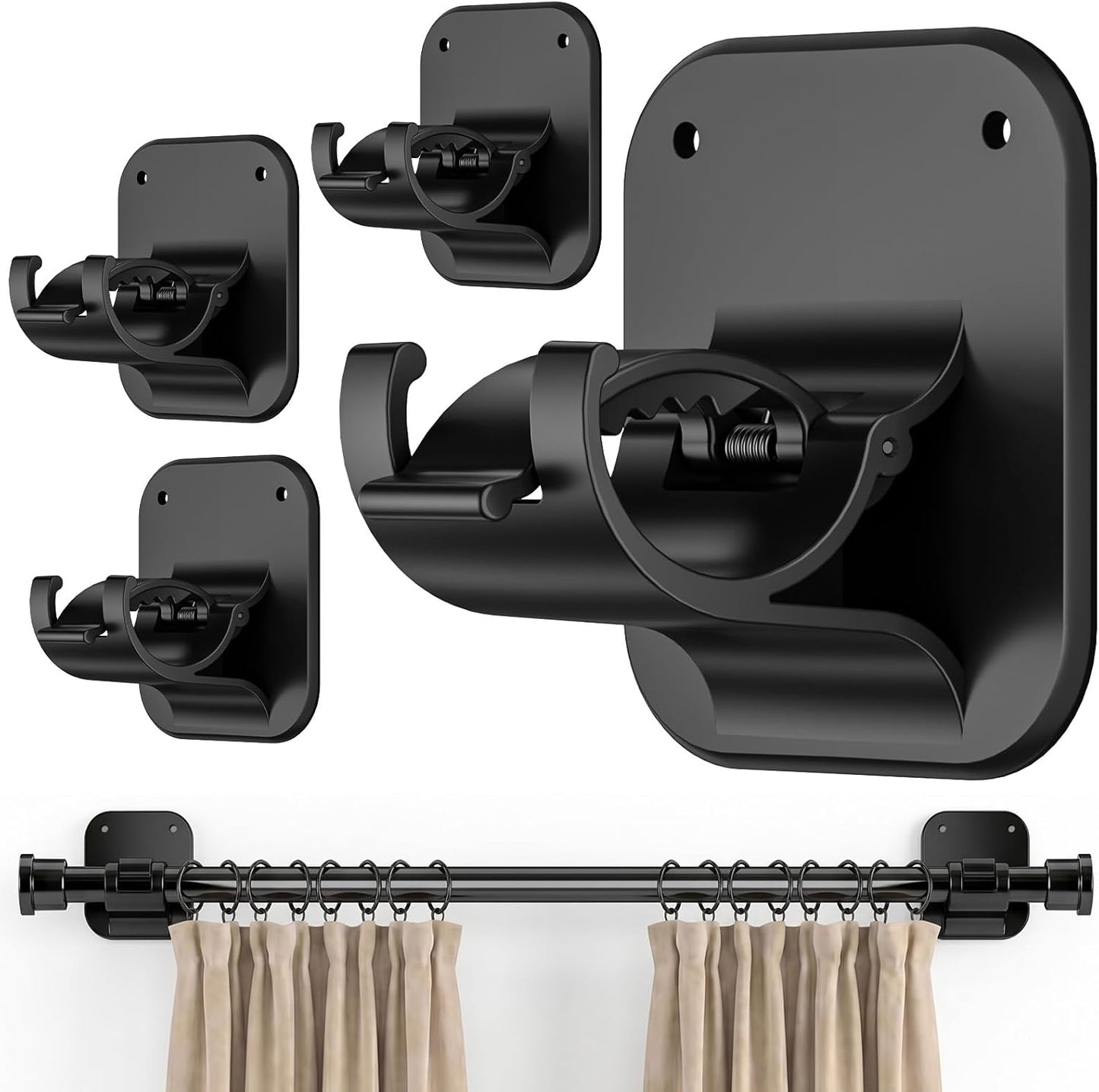 JHCJHC No Drill Curtain Rod Brackets - 20LB, 4 Pack Self Adhesive Curtain Rod Holder, Peel and Stick Wall Hooks, Renter Friendly Upgrades for Apartment, Kitchen, Bathroom, Dorm, Living Room and RV