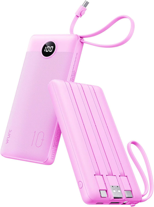 VRURC Portable Charger, Built-in 4 Cables Power Bank 10000mAh, Lightweight USB C Portable Phone Charger, 5 Output 2 Input Compatible with Smart Phones,Samsung,Android etc-Purple(1 Pack)