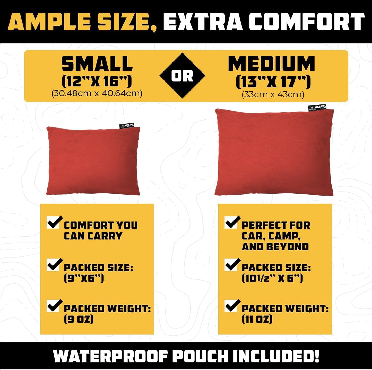Wise Owl Outfitters Camping Pillow – Memory Foam Travel Pillow for Airplane Sleeping, Hiking, Backpacking & Outdoor Use - Small & Portable for Adults, Car, Camp & Tent